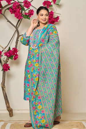 Turquoise Floral Printed Cotton Straight Cut Suit Set