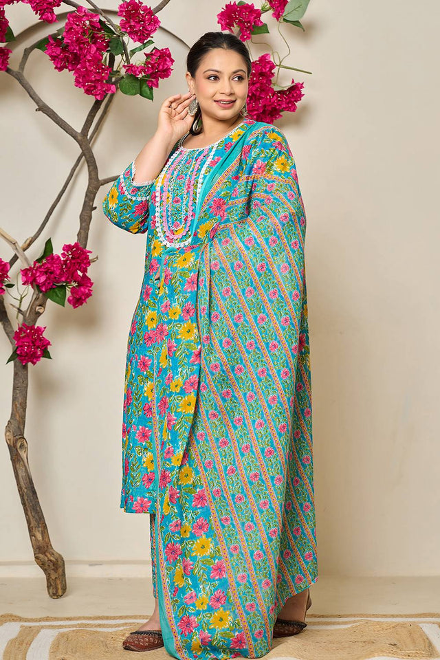 Turquoise Floral Printed Cotton Straight Cut Suit Set