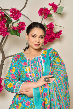 Turquoise Floral Printed Cotton Straight Cut Suit Set