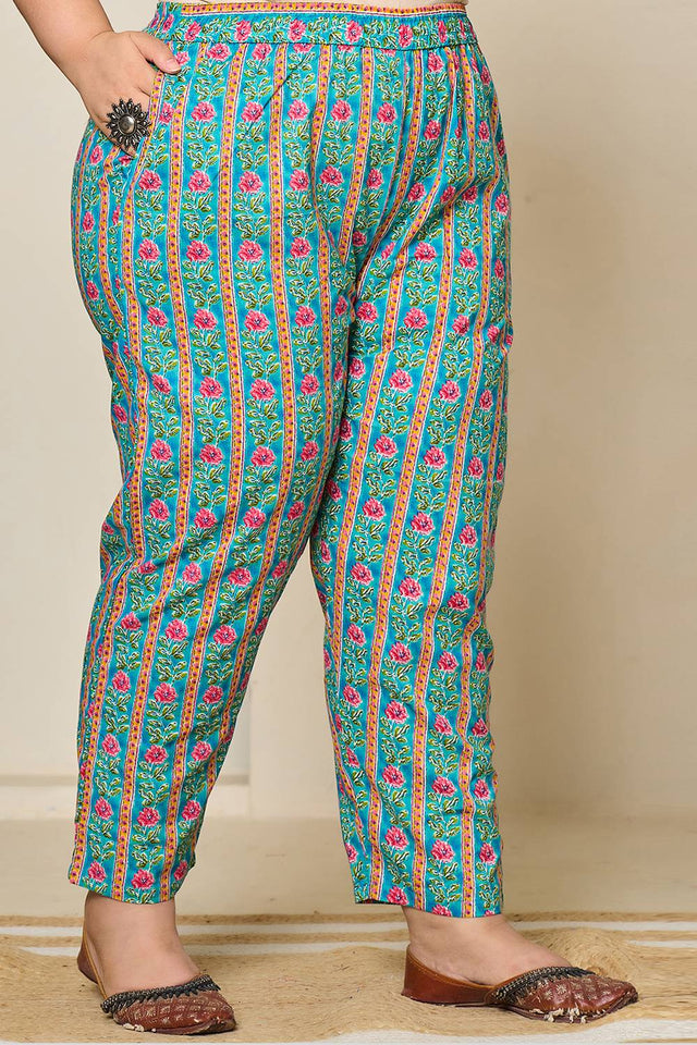 Turquoise Floral Printed Cotton Straight Cut Suit Set