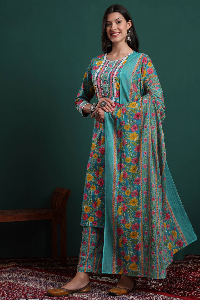 Turquoise Floral Printed Cotton Straight Cut Suit Set