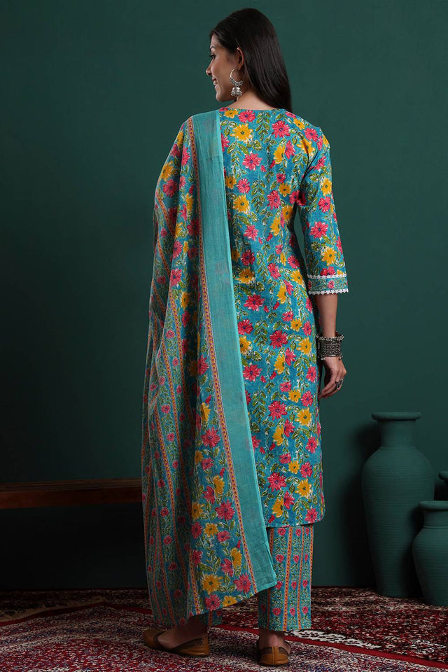 Turquoise Floral Printed Cotton Straight Cut Suit Set