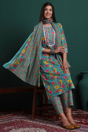 Turquoise Floral Printed Cotton Straight Cut Suit Set