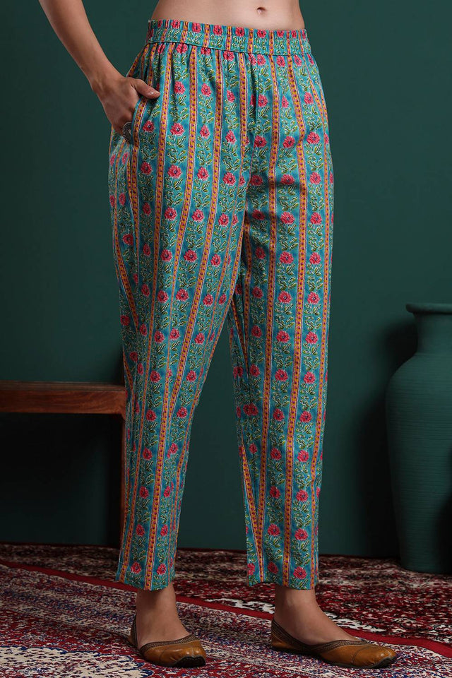 Turquoise Floral Printed Cotton Straight Cut Suit Set