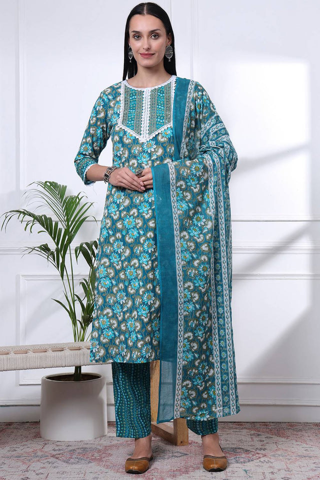 Turquoise Floral Printed Cotton Straight Cut Suit Set