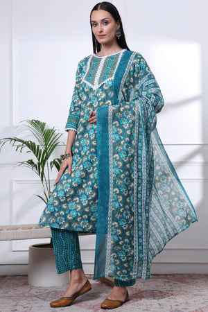 Turquoise Floral Printed Cotton Straight Cut Suit Set