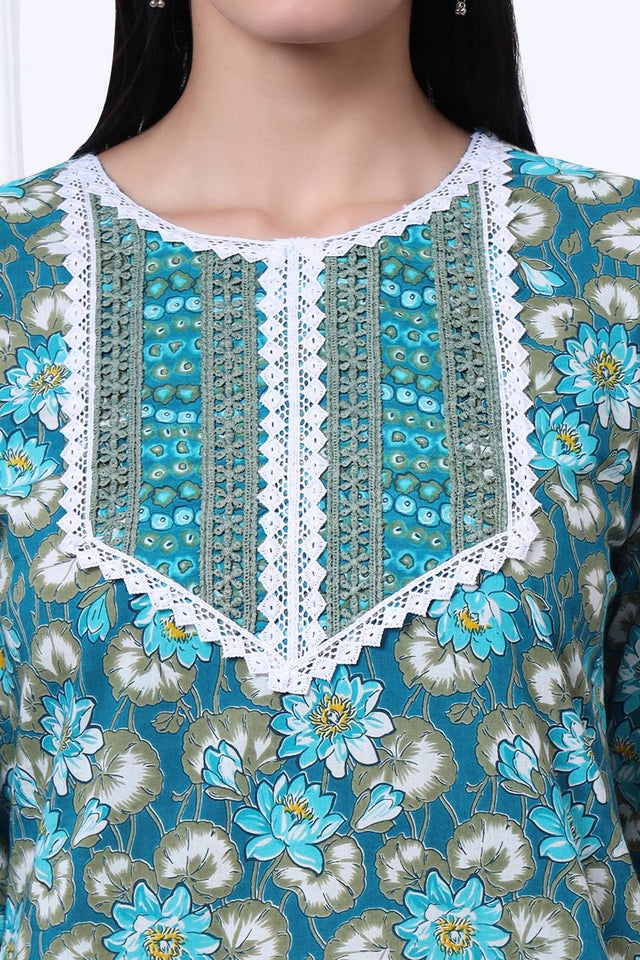 Turquoise Floral Printed Cotton Straight Cut Suit Set