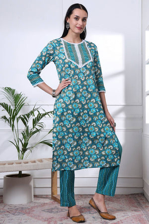 Turquoise Floral Printed Cotton Straight Cut Suit Set
