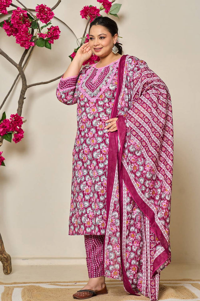 Maroon Floral Printed Cotton Straight Cut Suit Set