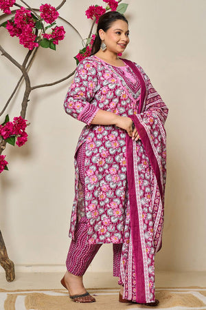 Maroon Floral Printed Cotton Straight Cut Suit Set