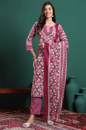 Maroon Floral Printed Cotton Straight Cut Suit Set