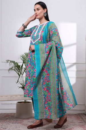 Turquoise Floral Printed Cotton Straight Cut Suit Set