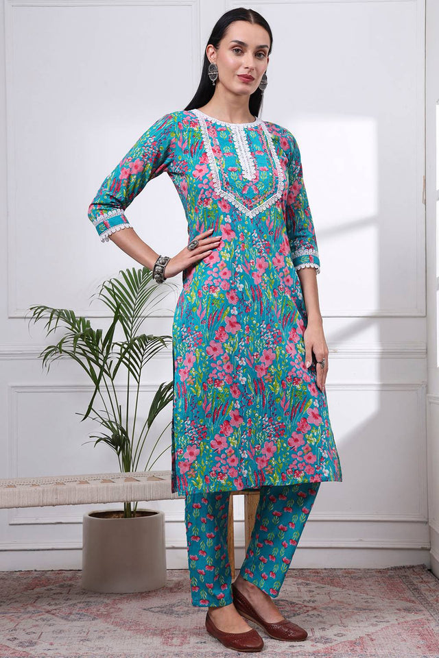 Turquoise Floral Printed Cotton Straight Cut Suit Set