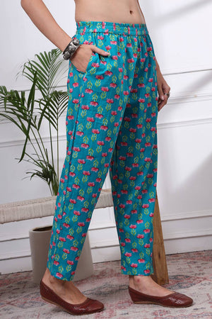 Turquoise Floral Printed Cotton Straight Cut Suit Set