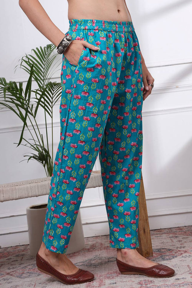 Turquoise Floral Printed Cotton Straight Cut Suit Set