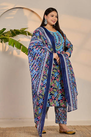 Blue Floral Printed Cotton Straight Cut Suit Set