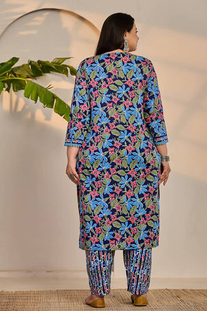 Blue Floral Printed Cotton Straight Cut Suit Set