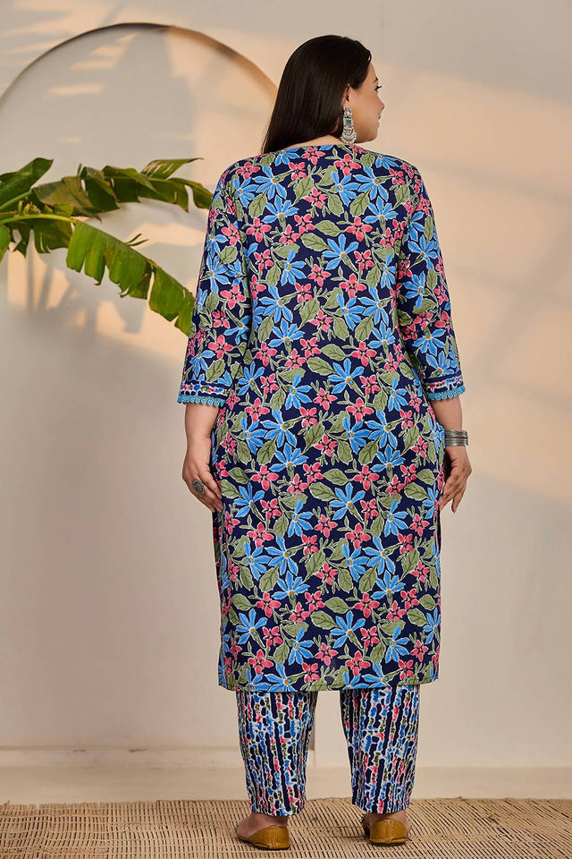 Blue Floral Printed Cotton Straight Cut Suit Set