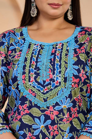 Blue Floral Printed Cotton Straight Cut Suit Set