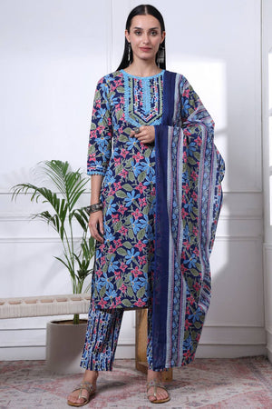 Blue Floral Printed Cotton Straight Cut Suit Set
