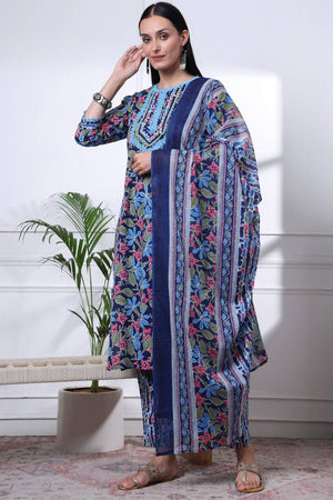 Blue Floral Printed Cotton Straight Cut Suit Set
