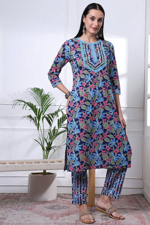 Blue Floral Printed Cotton Straight Cut Suit Set