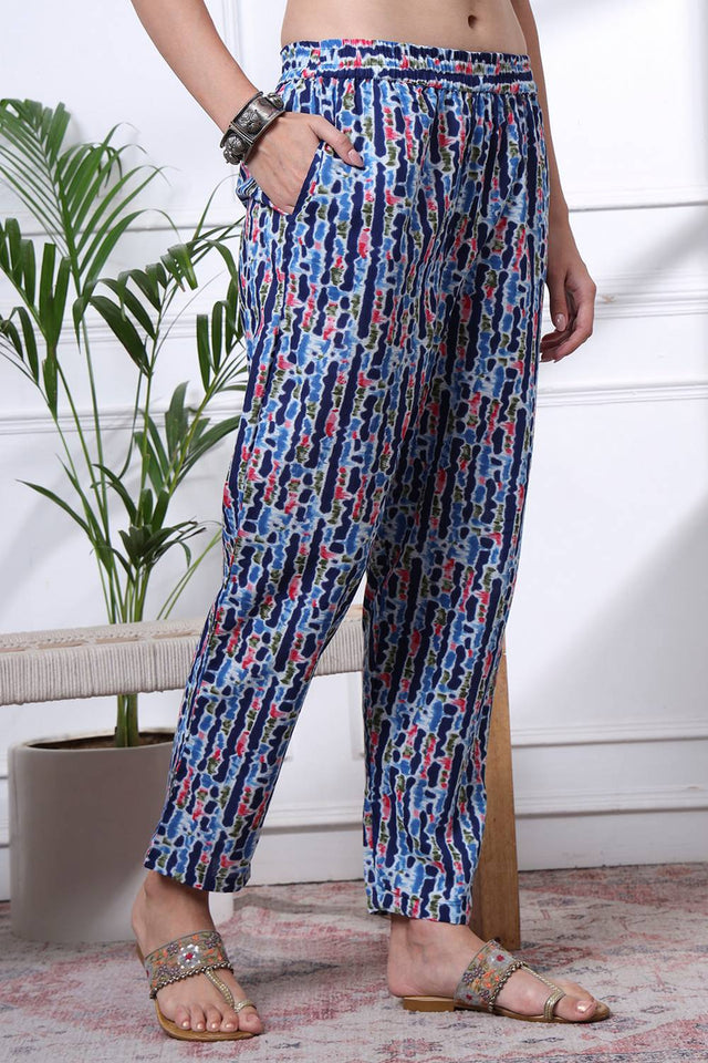 Blue Floral Printed Cotton Straight Cut Suit Set