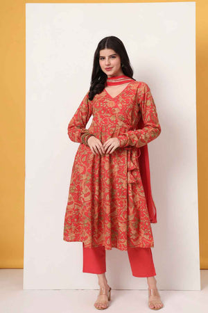 Red Floral Printed Cotton Anarkali Suit Set