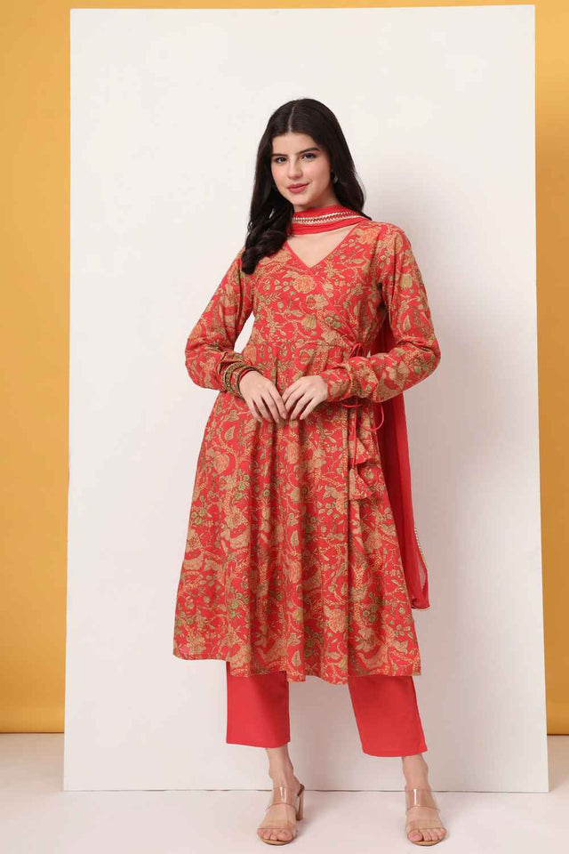 Red Floral Printed Cotton Anarkali Suit Set