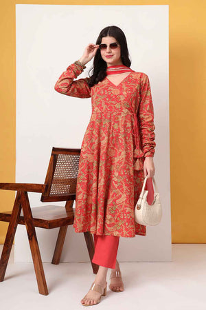 Red Floral Printed Cotton Anarkali Suit Set