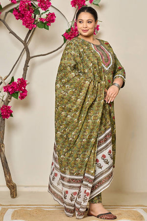 Green Floral Printed Cotton Straight Cut Suit Set