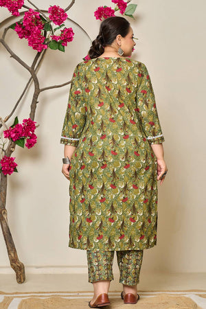 Green Floral Printed Cotton Straight Cut Suit Set