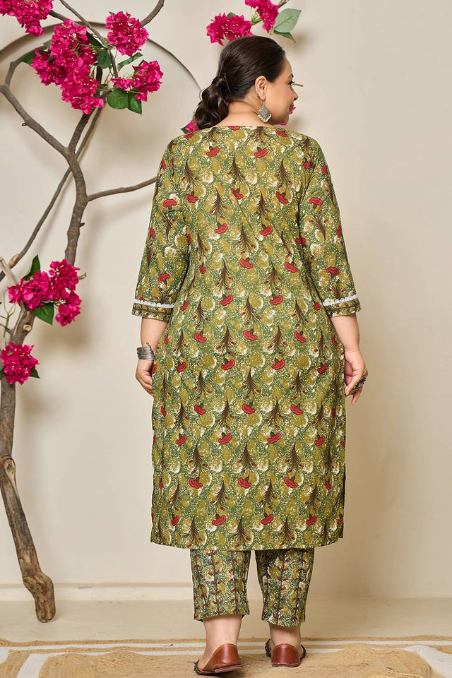 Green Floral Printed Cotton Straight Cut Suit Set