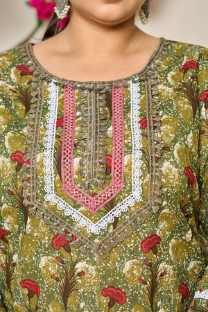 Green Floral Printed Cotton Straight Cut Suit Set