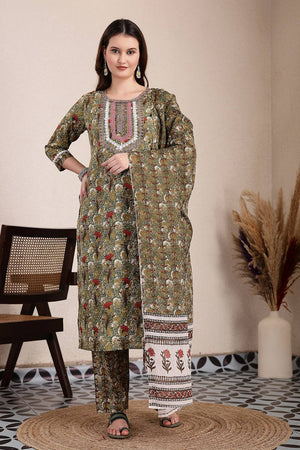 Green Floral Printed Cotton Straight Cut Suit Set