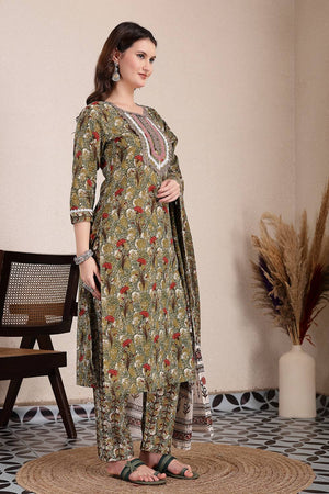 Green Floral Printed Cotton Straight Cut Suit Set