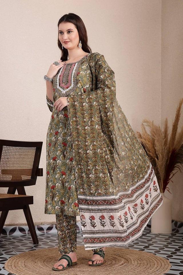 Green Floral Printed Cotton Straight Cut Suit Set