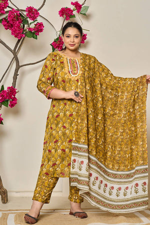 Mustard Floral Printed Cotton Straight Cut Suit Set