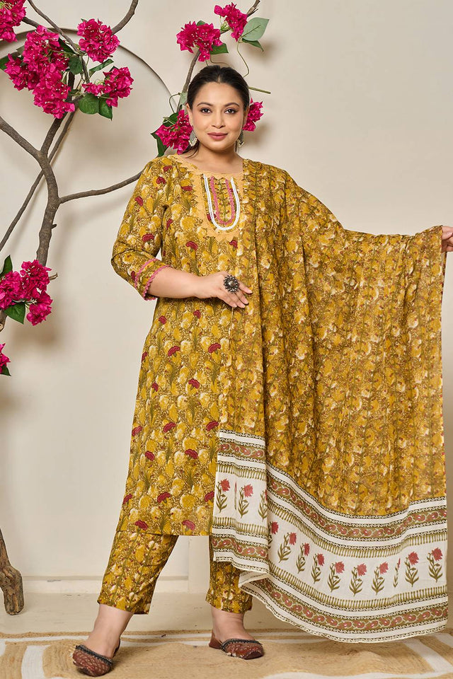 Mustard Floral Printed Cotton Straight Cut Suit Set