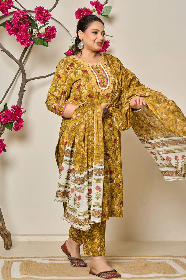 Mustard Floral Printed Cotton Straight Cut Suit Set
