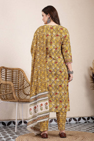 Mustard Floral Printed Cotton Straight Cut Suit Set