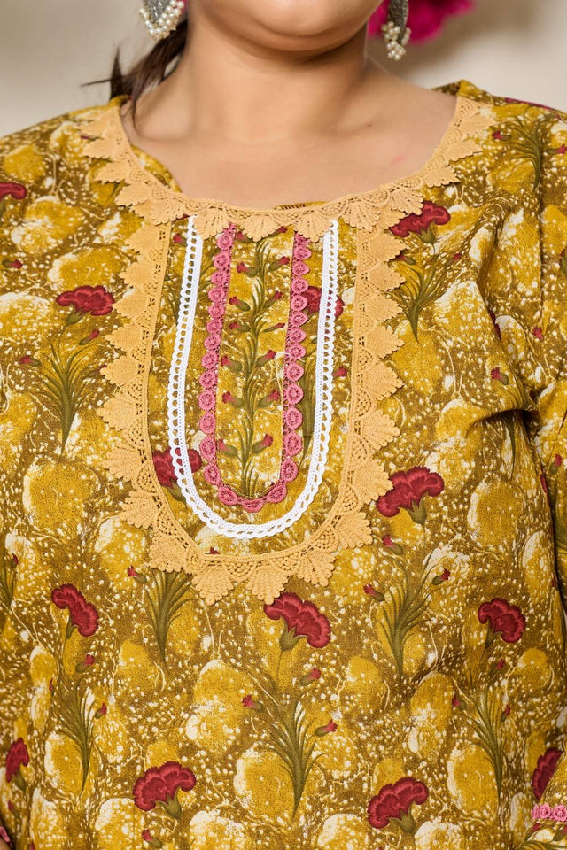 Mustard Floral Printed Cotton Straight Cut Suit Set