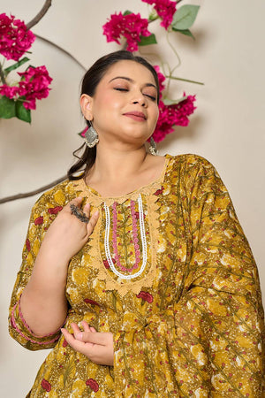 Mustard Floral Printed Cotton Straight Cut Suit Set