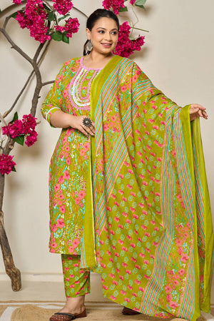 Green Floral Printed Cotton Straight Cut Suit Set