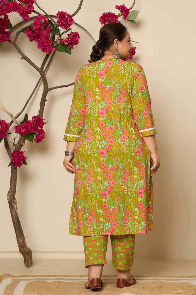 Green Floral Printed Cotton Straight Cut Suit Set