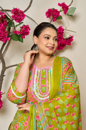 Green Floral Printed Cotton Straight Cut Suit Set