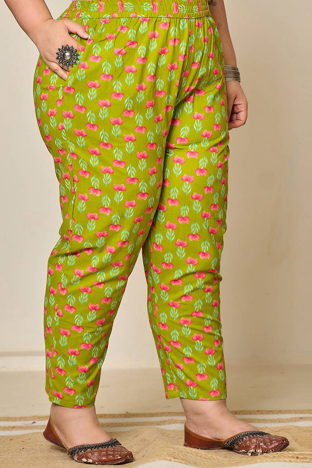 Green Floral Printed Cotton Straight Cut Suit Set