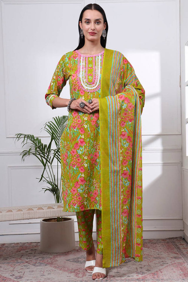Green Floral Printed Cotton Straight Cut Suit Set