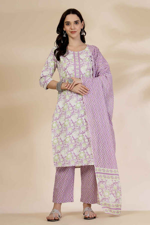 Violet Floral Printed Cotton Kurti Pant Set