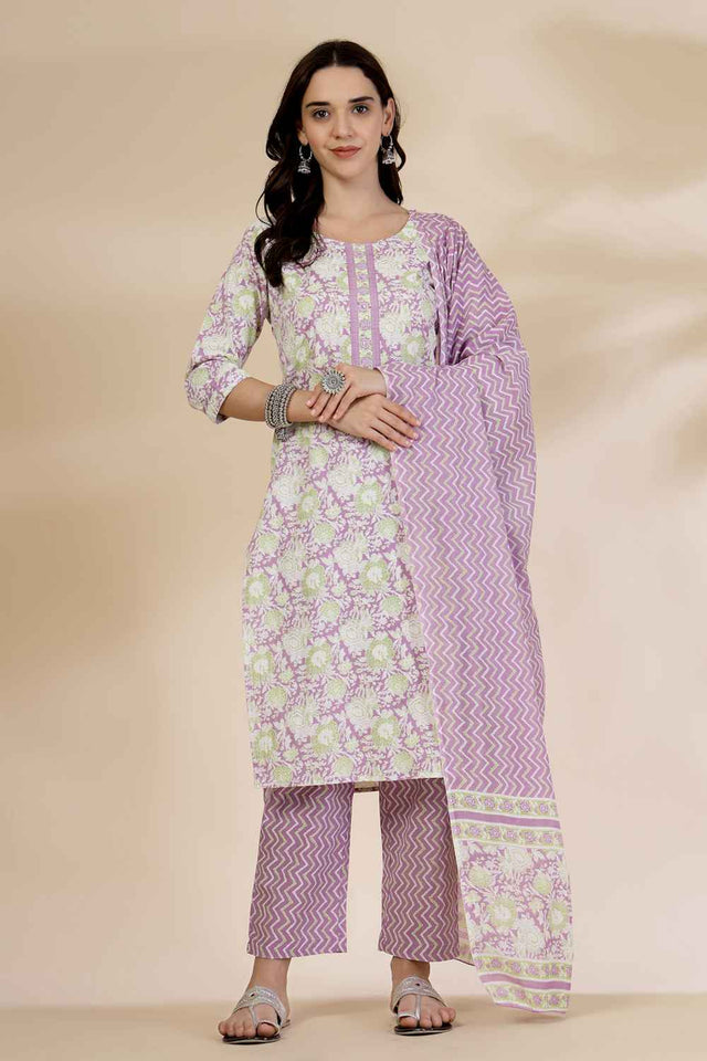 Violet Floral Printed Cotton Kurti Pant Set